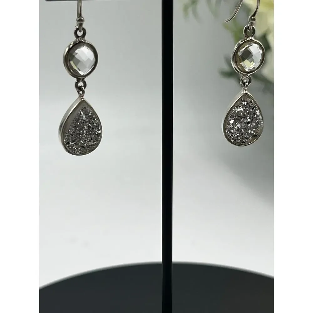 Vintage Sterling Silver 925 Titanium Druzy Clear‎ Rock Quartz Dangle Earrings